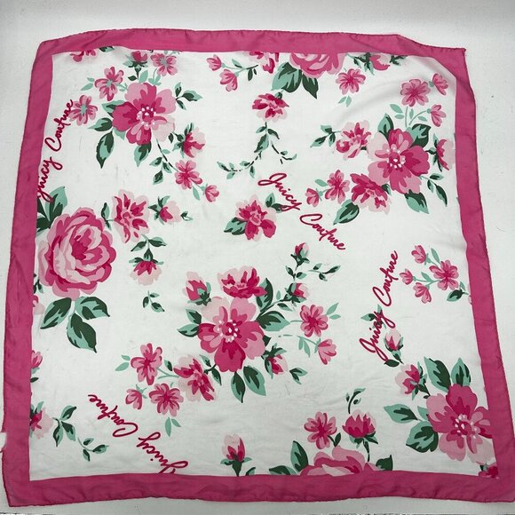JUICY COUTURE *Flawed* Pink White Green Floral Rose Square Scarf Shawl Polyester - Picture 1 of 5